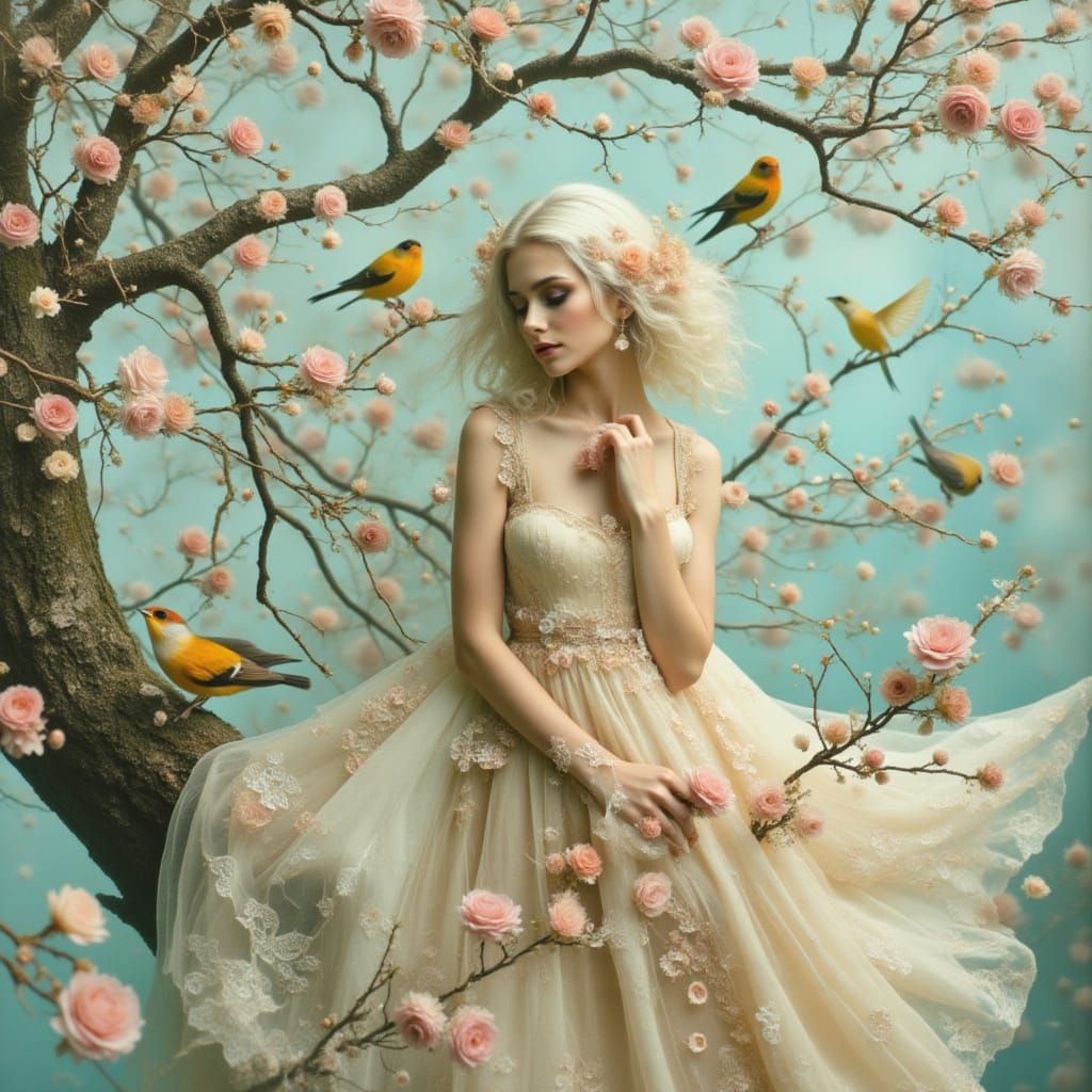 Elegant Woman in Rococo Dress on Flowering Branch