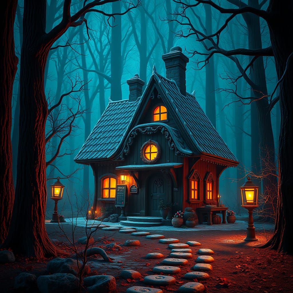 Whimsical Gingerbread Cottage in a Dark Fantasy Forest