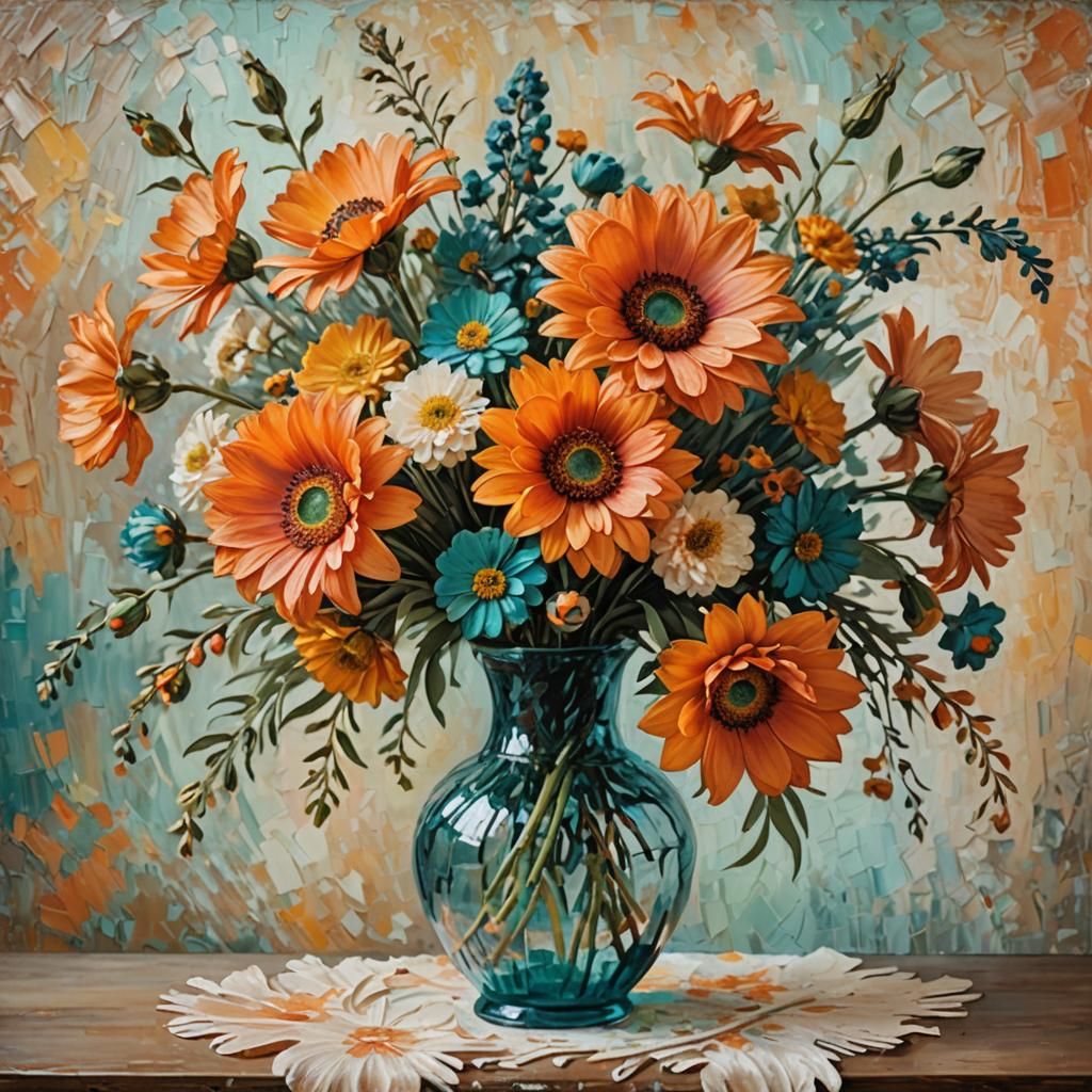 Impressionist Flowers in Vase with Impasto Texture