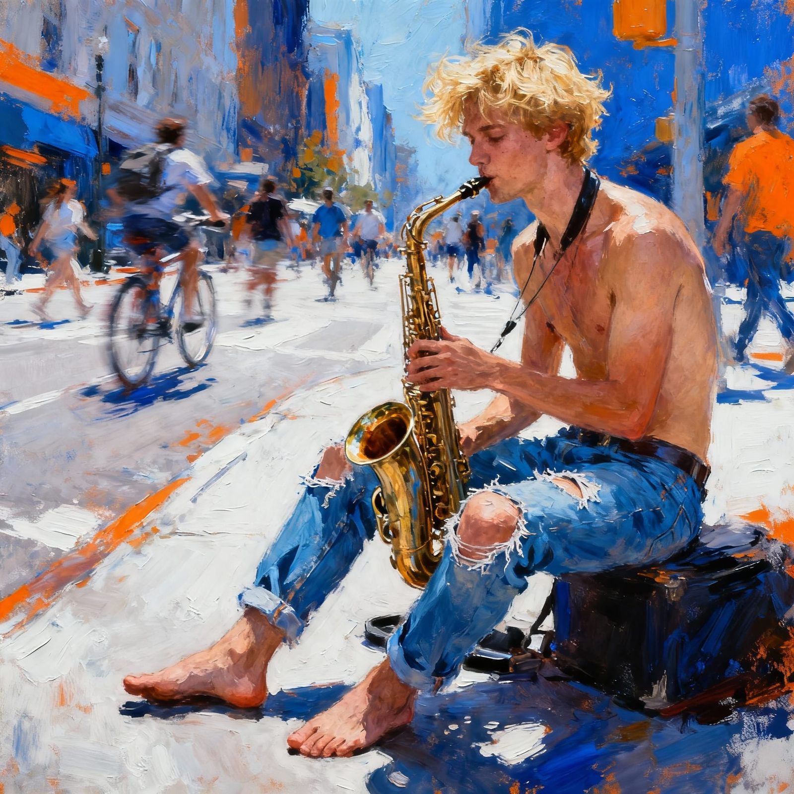 Saxophone Player in City Street Painting