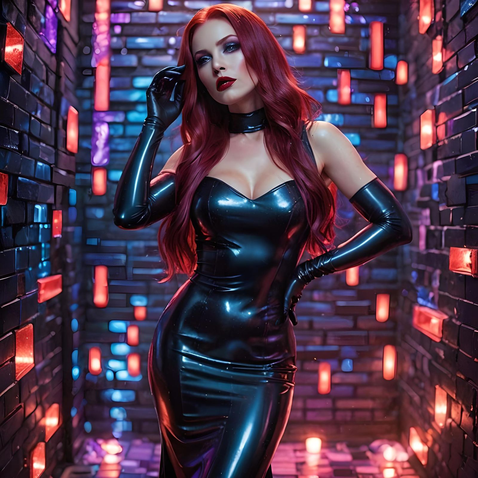 Red head in black latex