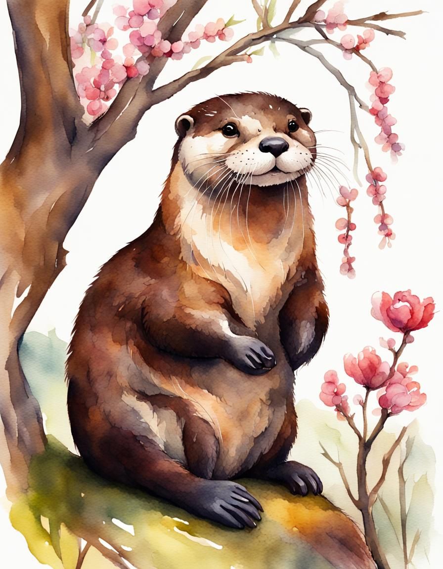 Happy Otter Observes Spring Blossoms in Watercolor