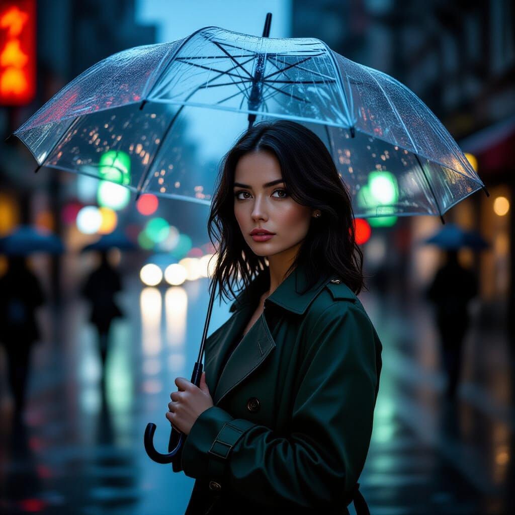 Rainy City Street Portrait in Photorealistic Style
