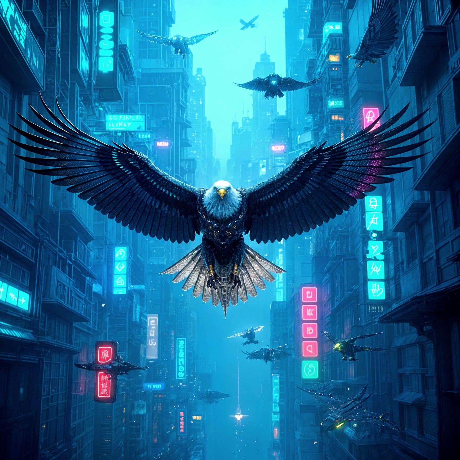 Cyberpunk Eagle Soars Through Neon Metropolis