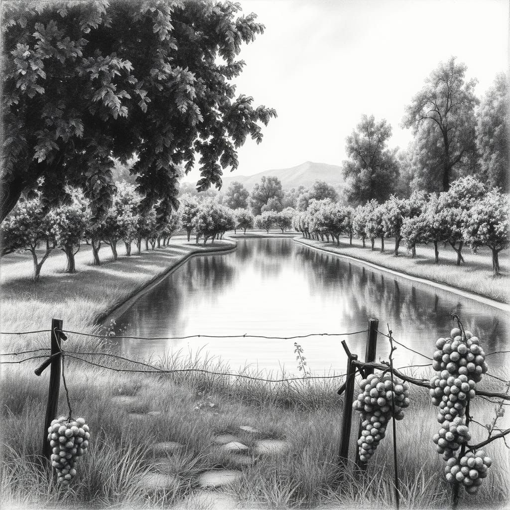 Lush Orchard Surrounds Tranquil Mirror Lake