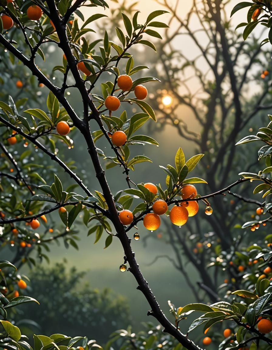 Hyperrealistic Orange Tree Branch at Sunrise