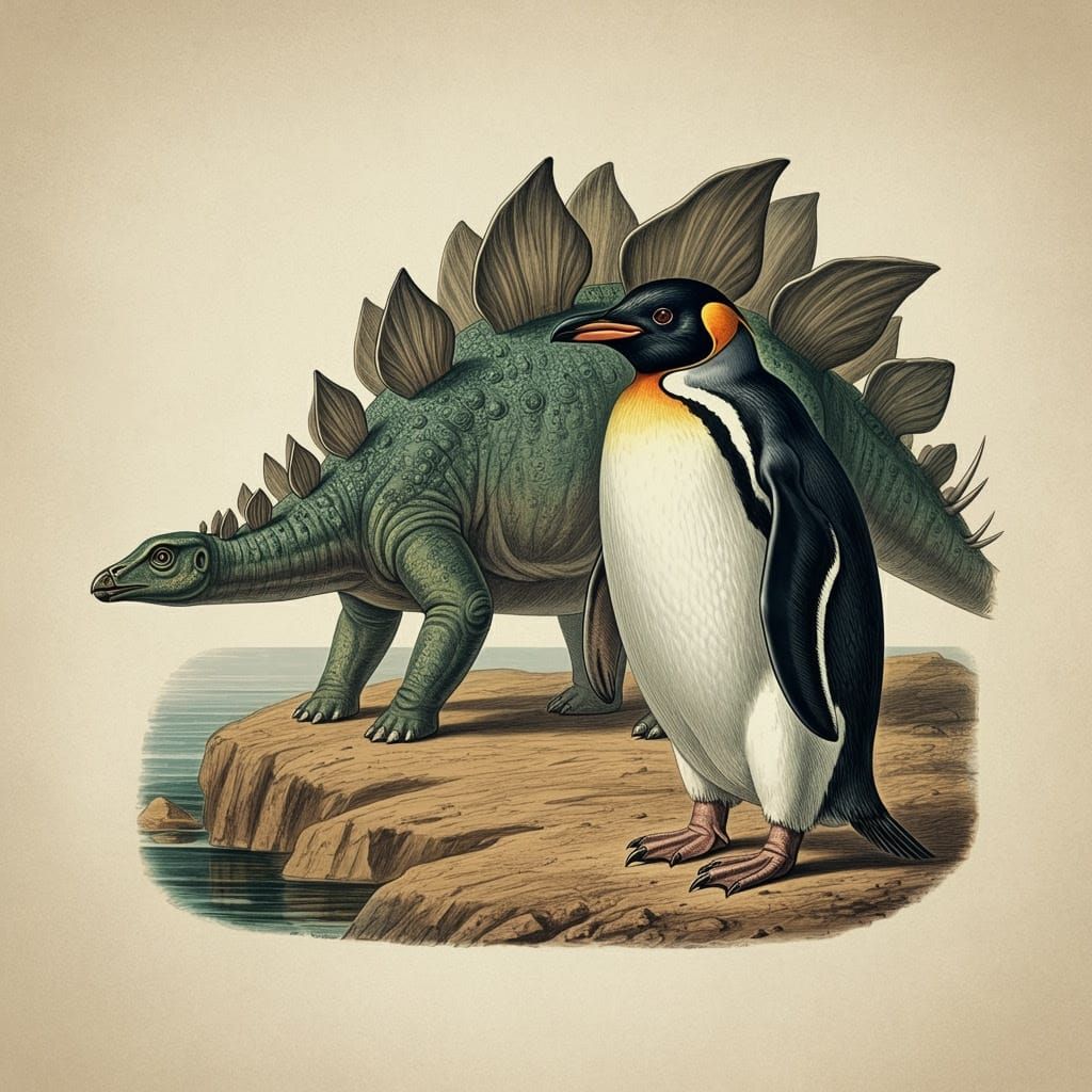 Penguin and Stegosaurus: Victorian Era Illustration