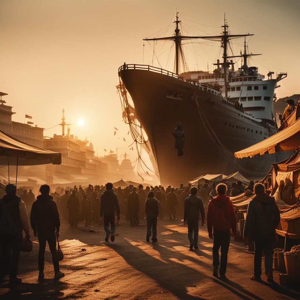 Epic Ship Departure at Sunset: Cinematic Film Still