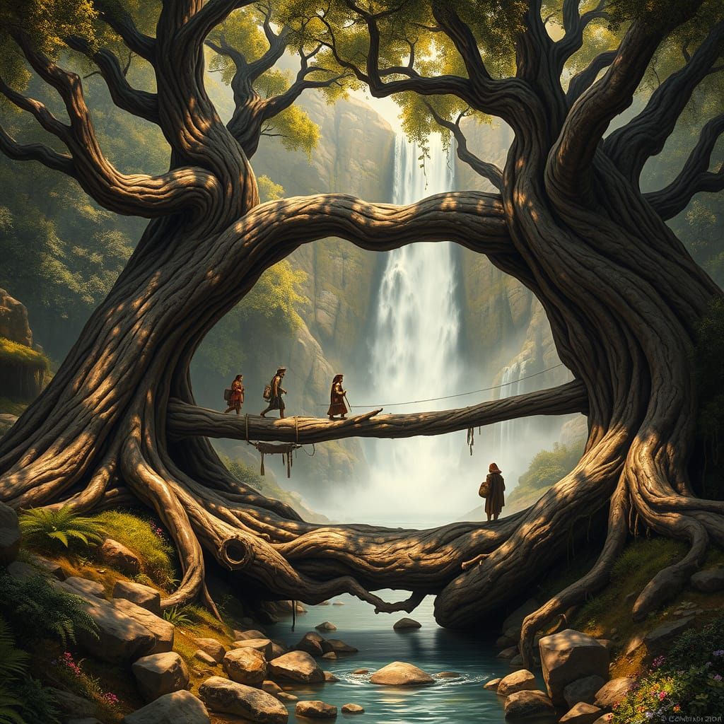 Ancient Trees Form a Natural Bridge Across a Serene Stream