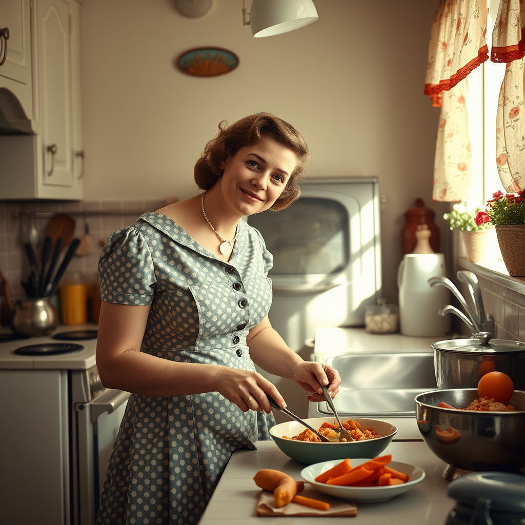 Uncanny Valley: 1950s Wife Cooking in Kitchen