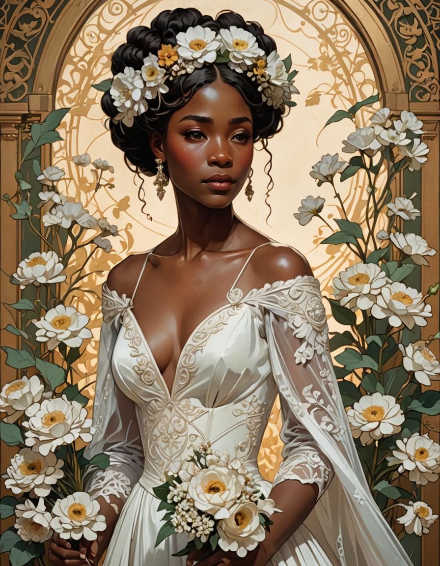 Melanin Bride in Bridgerton Dress, Art Nouveau Style