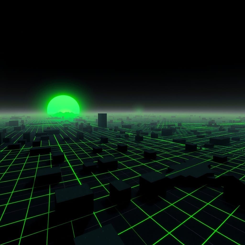 Vibrant Green Laser Grid Rises from the Black Landscape in a...