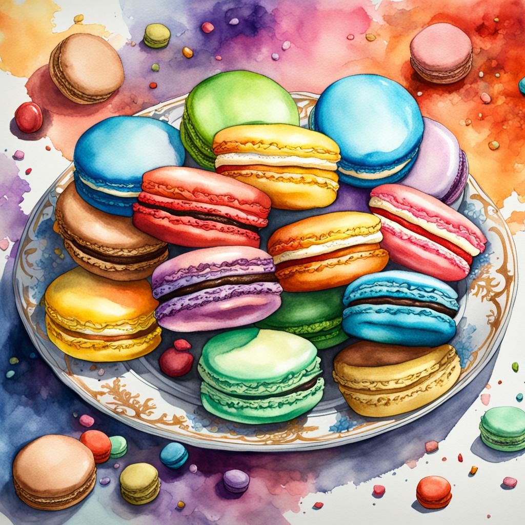 Colorful Macaroons on Plate, Watercolor Art