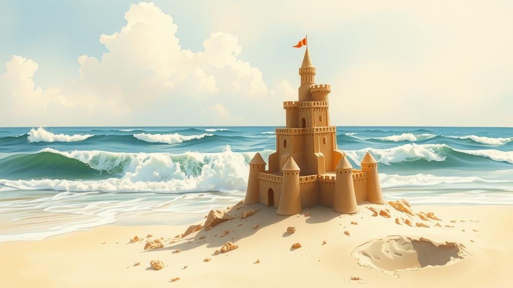Sandcastle's Demise: Watercolor Painting of Fleeting Existen...