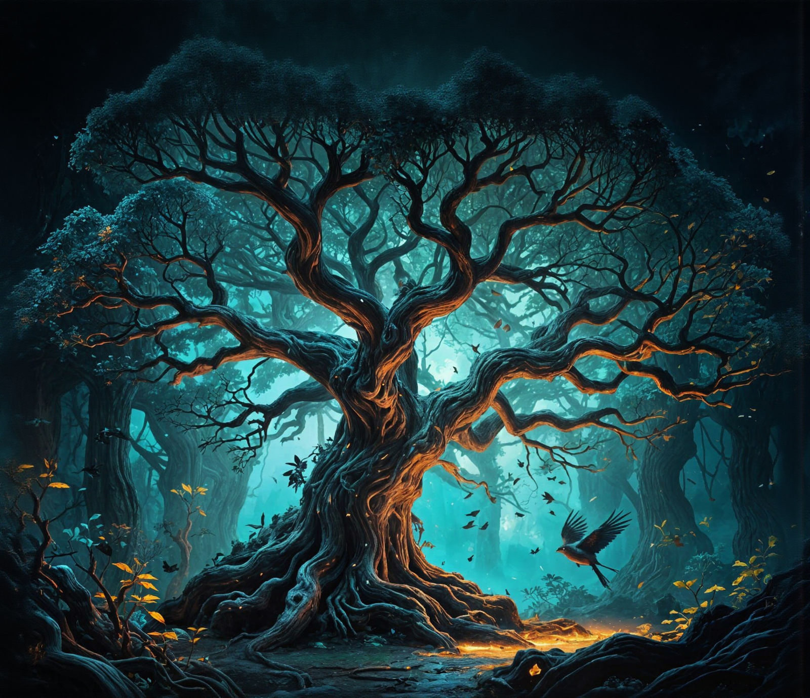Ancient Bioluminescent Tree with Glass Bird, Fantasy Art