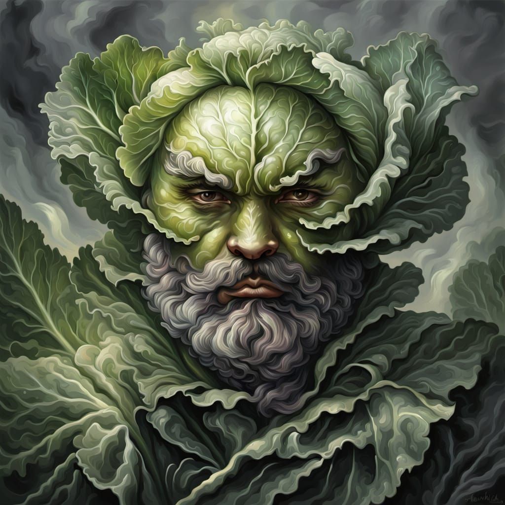 Suave Cabbage Portrait in Oil Painting Style