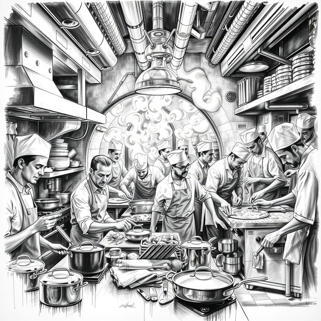 Chaotic Kitchen: Hyperdetailed Charcoal Drawing