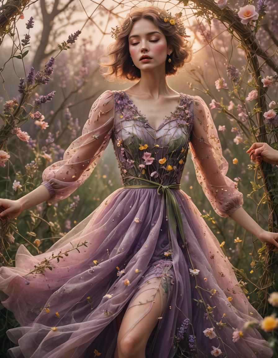 Woman in Floral Dress Spinning: Elegant Fantasy Art