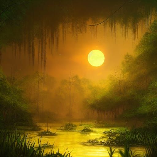 Glowing Adansonias in Overgrown Swamp at Sunset