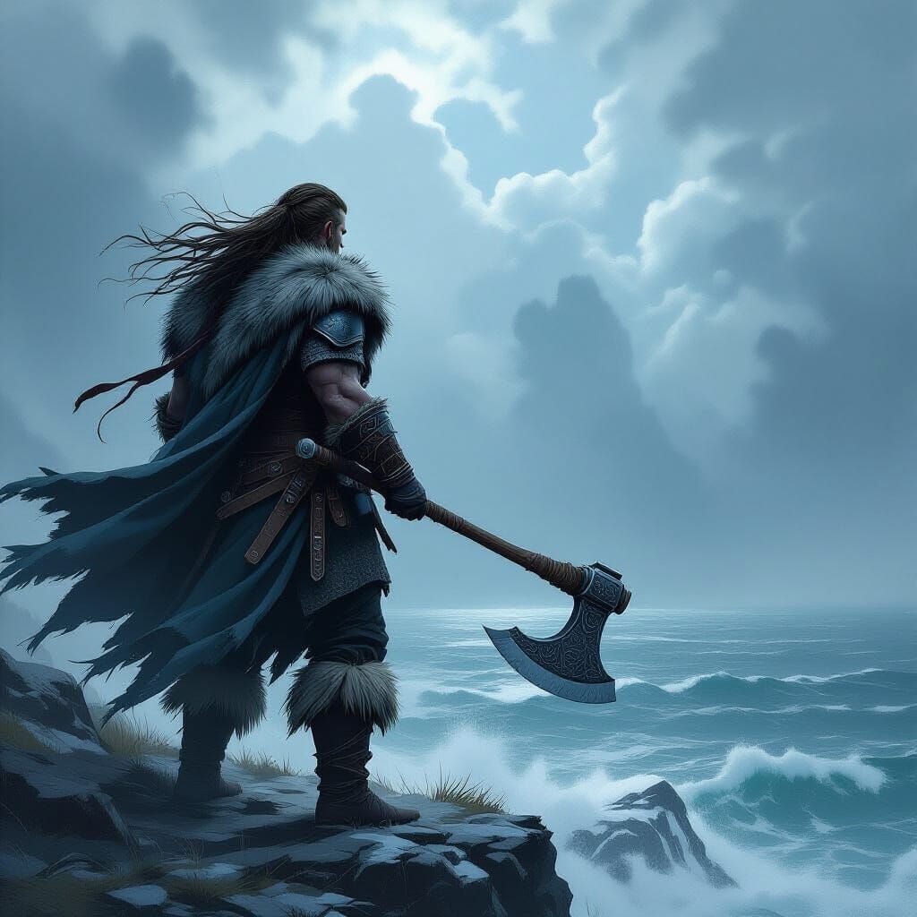 Viking Warrior on Cliff Overlooking Stormy Sea