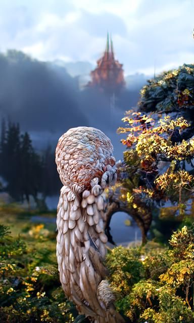 Winged Statue in Mystical Landscape Painting