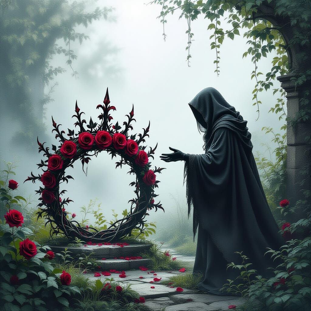 Mysterious Figure Approaches Enchanted Crown in Misty Garden