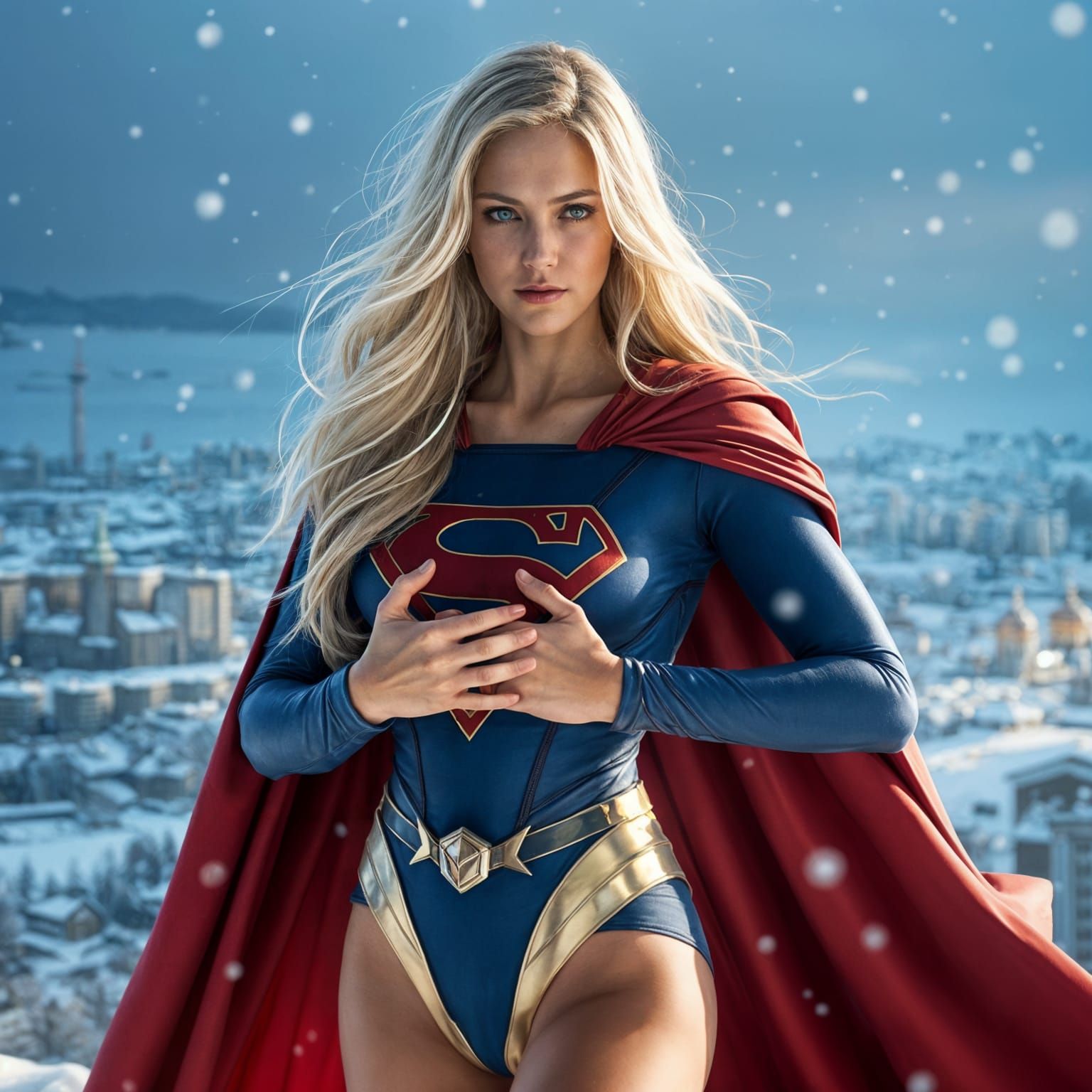 Feminine Superhero Against Oslo Winter Wonderland