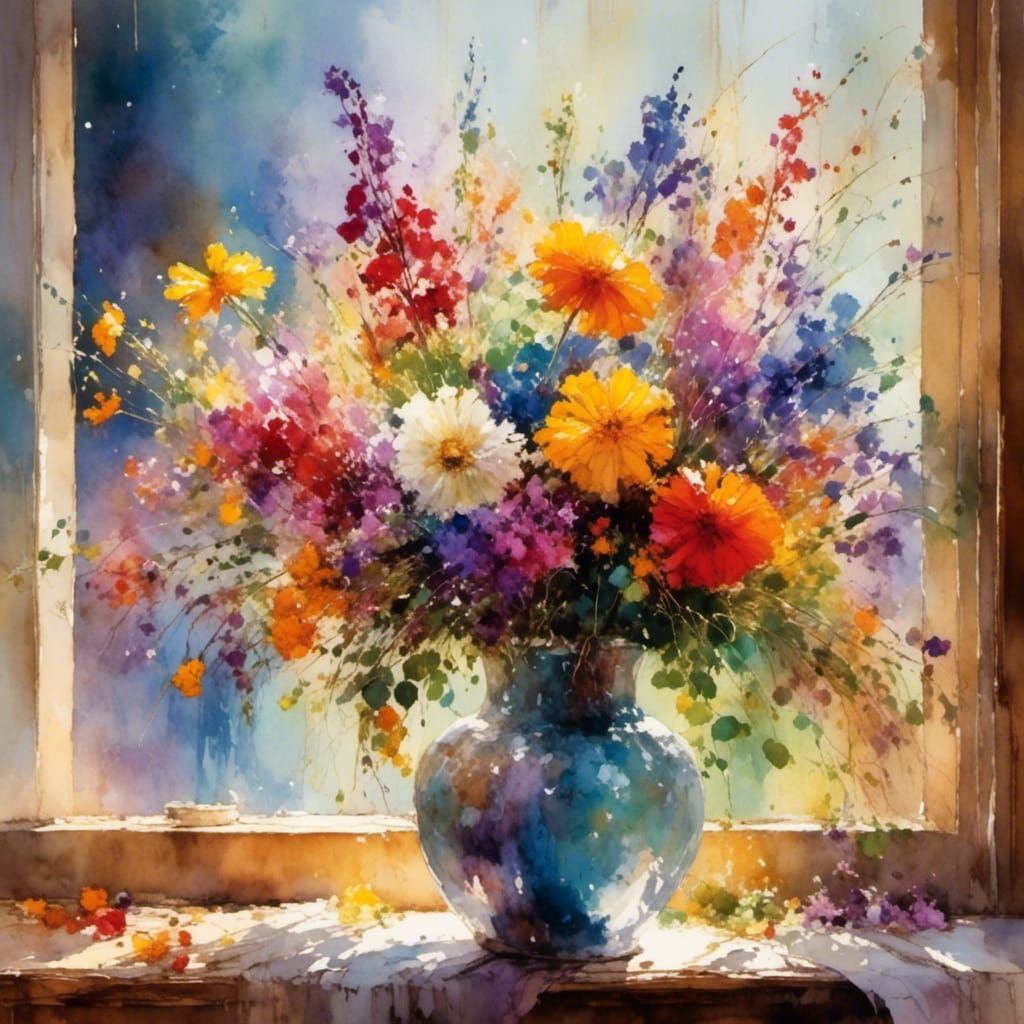 Watercolor Vase of Rainbow Flowers on Windowsill