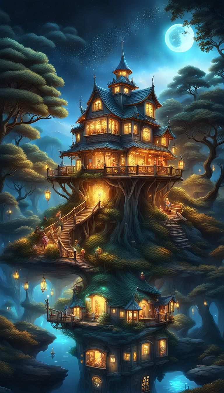 Mystical Treehouse in Golden Light, Digital Art