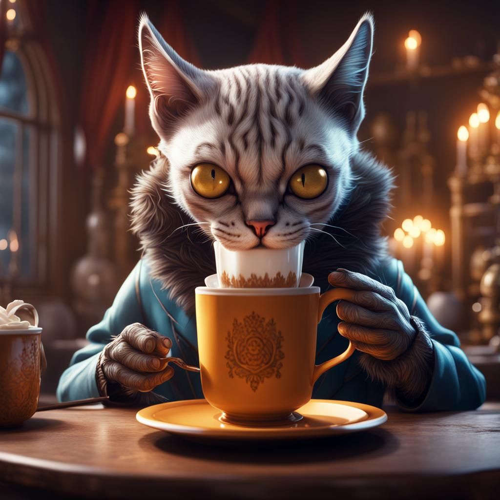 Anthropomorphic Cat Drinks Hot Chocolate: Detailed Digital A...