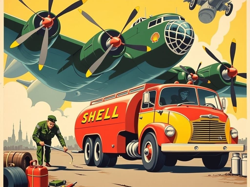 Vintage Aviation Refueling Scene in Bold, Graphic Style