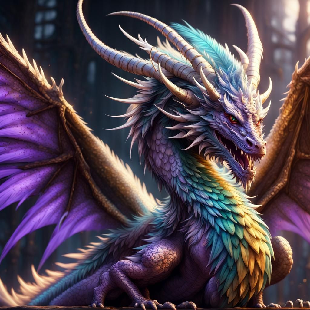 Feathered Dragon with Purple Eyes, Hyperdetailed Fantasy Art