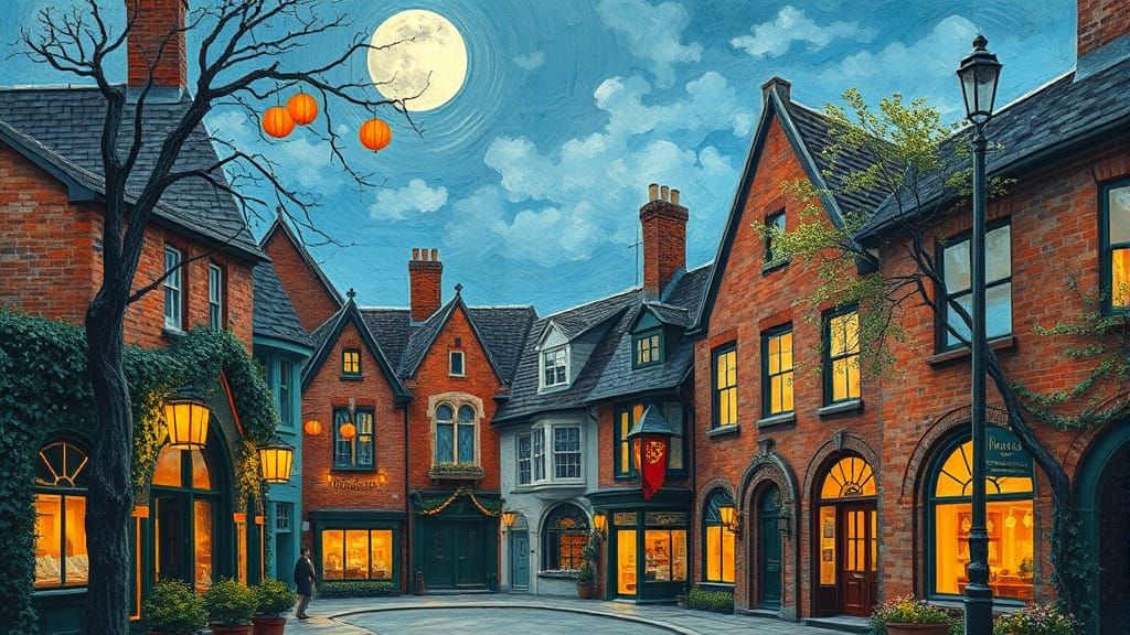 Moonlit Village Square with Lanterns, Impasto Painting