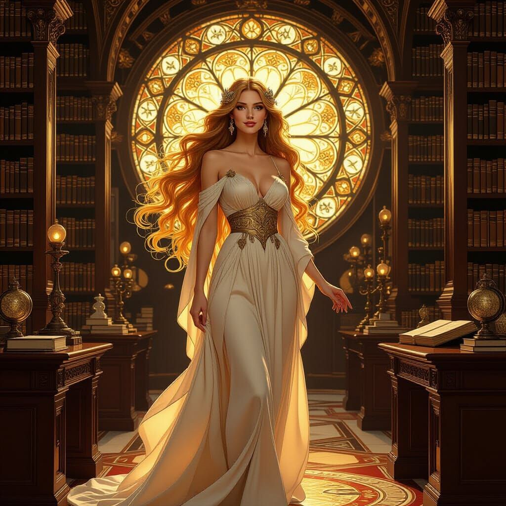 Golden Haired Woman in Library, Art Nouveau Style