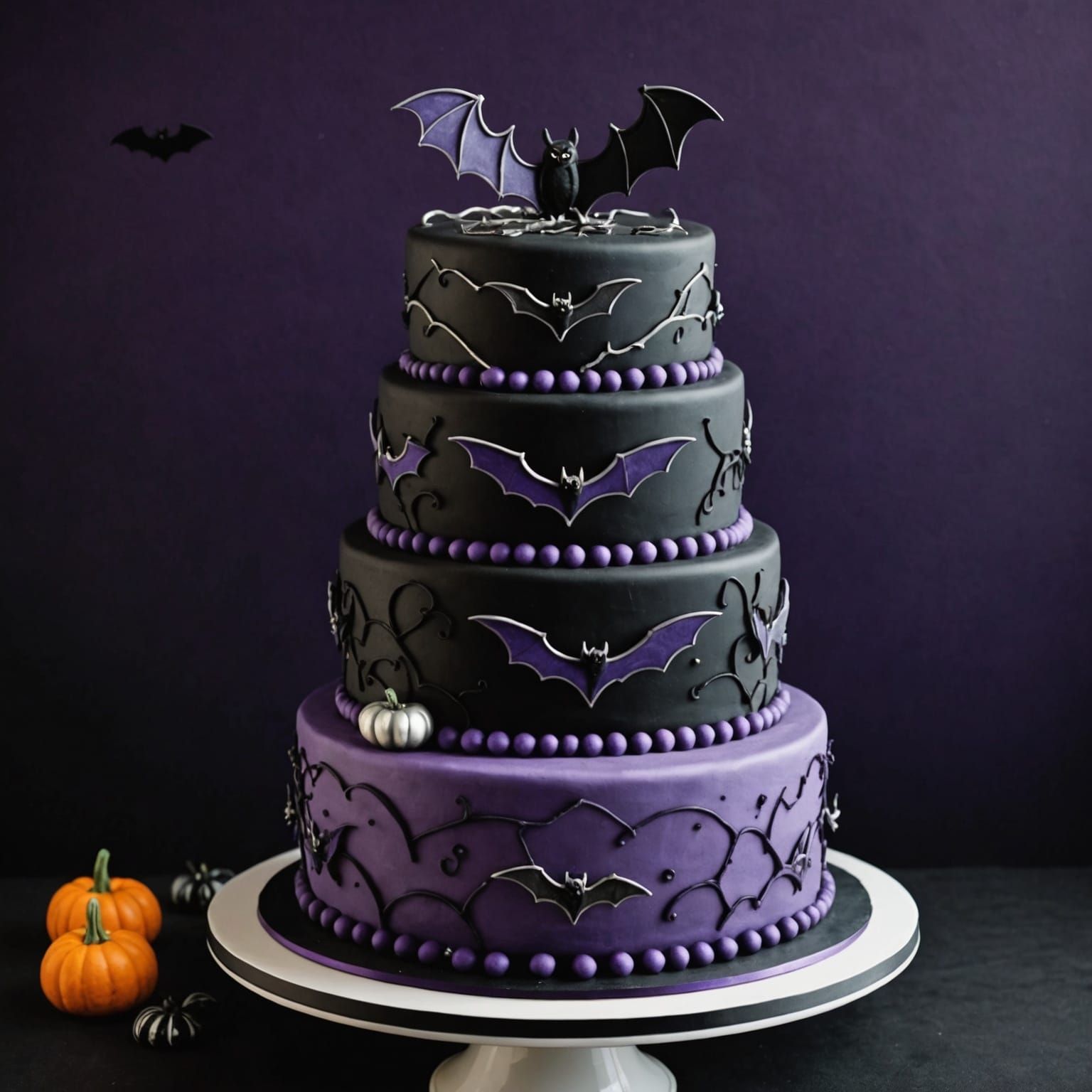 Halloween Cake with Bats and Silver Accents