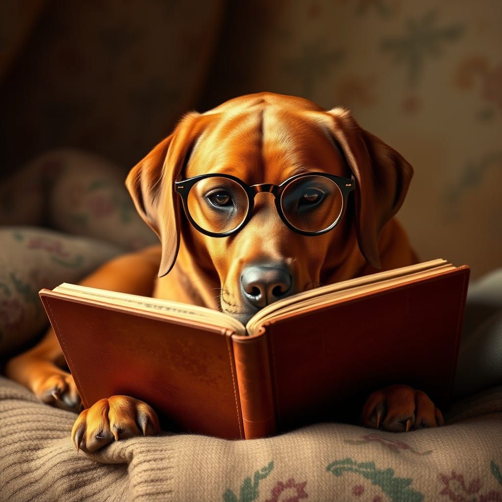 Brown Labrador Reading in Leather-Bound Book