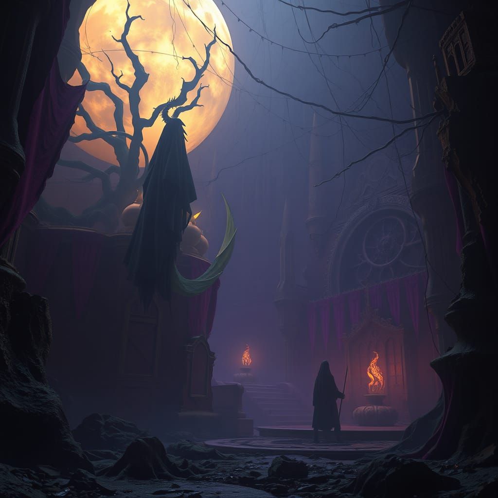 Haunting Dark Fantasy Scene with Dynamic Lighting