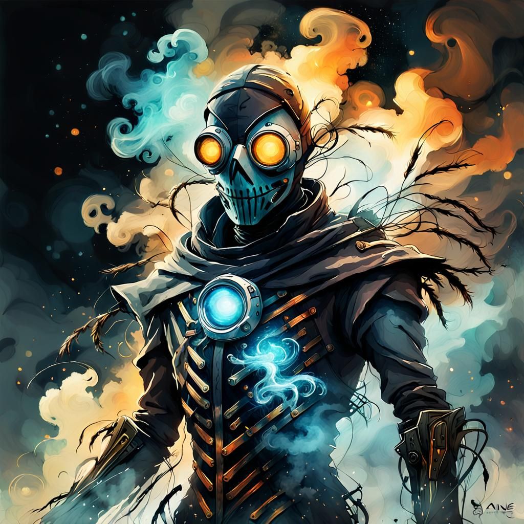 Giant Scarecrow with Glowing Eyes in Digital Watercolor