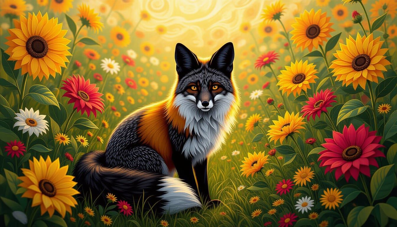 Whimsical Black Fox in Garden: Van Gogh, Klimt & Sorayama St...