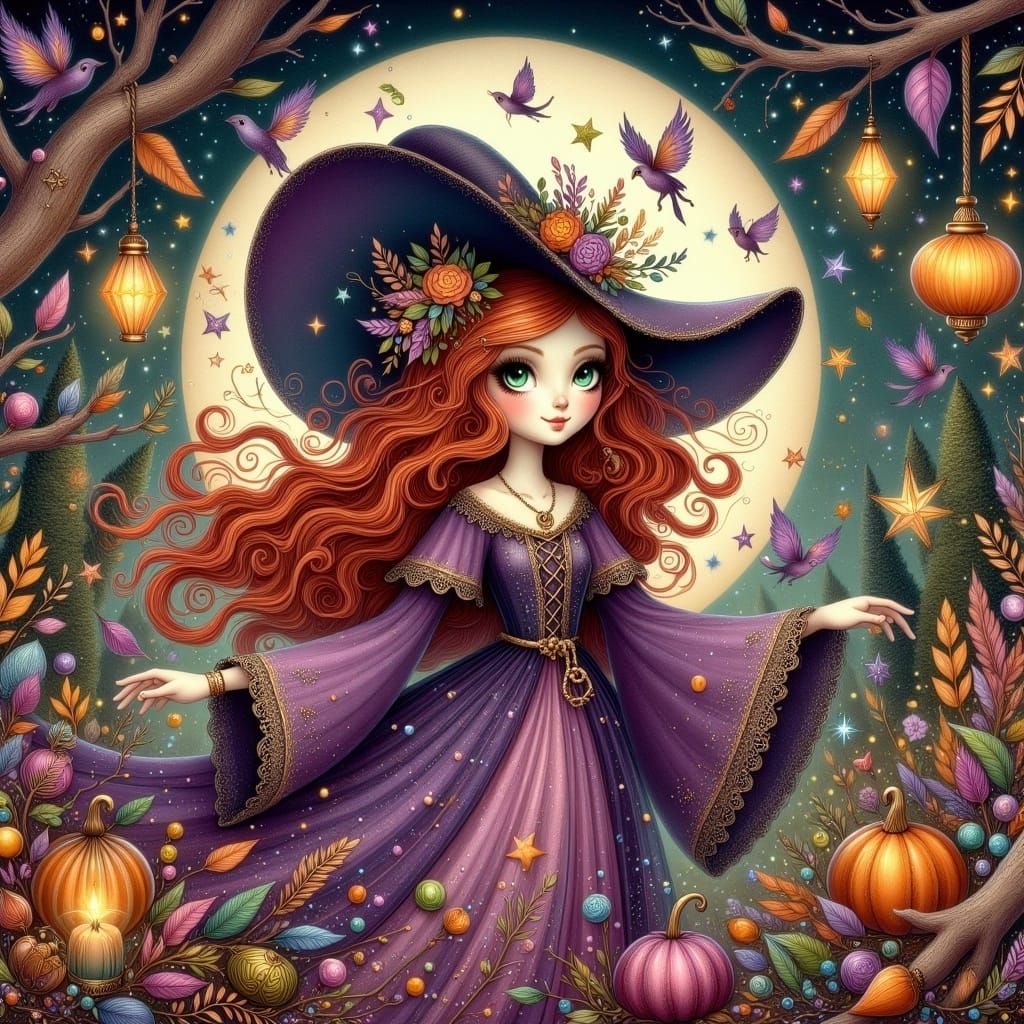 Whimsical Witch in Autumn Forest, Art Nouveau Style