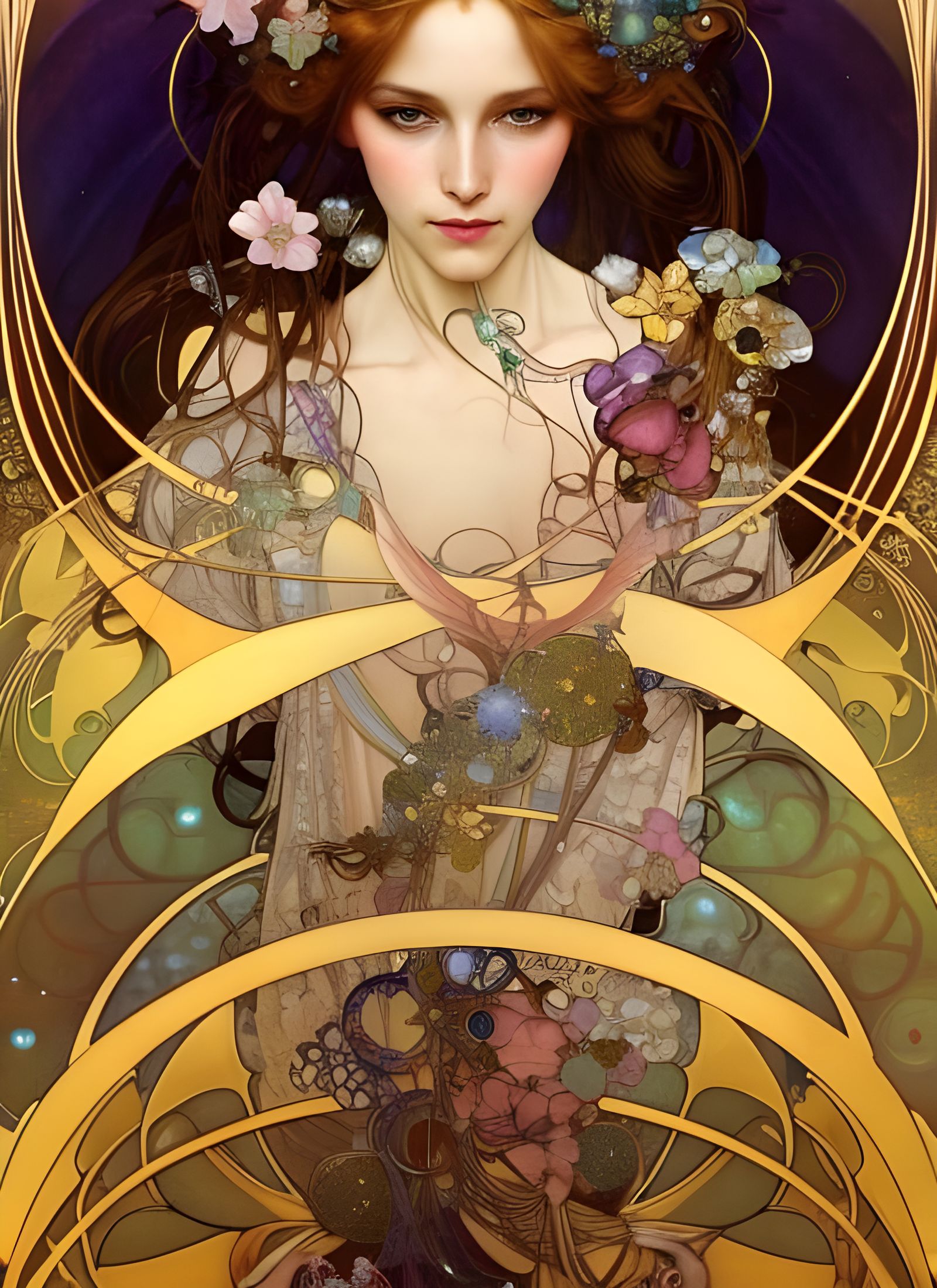 Goddess with Golden Rings in Art Nouveau Style