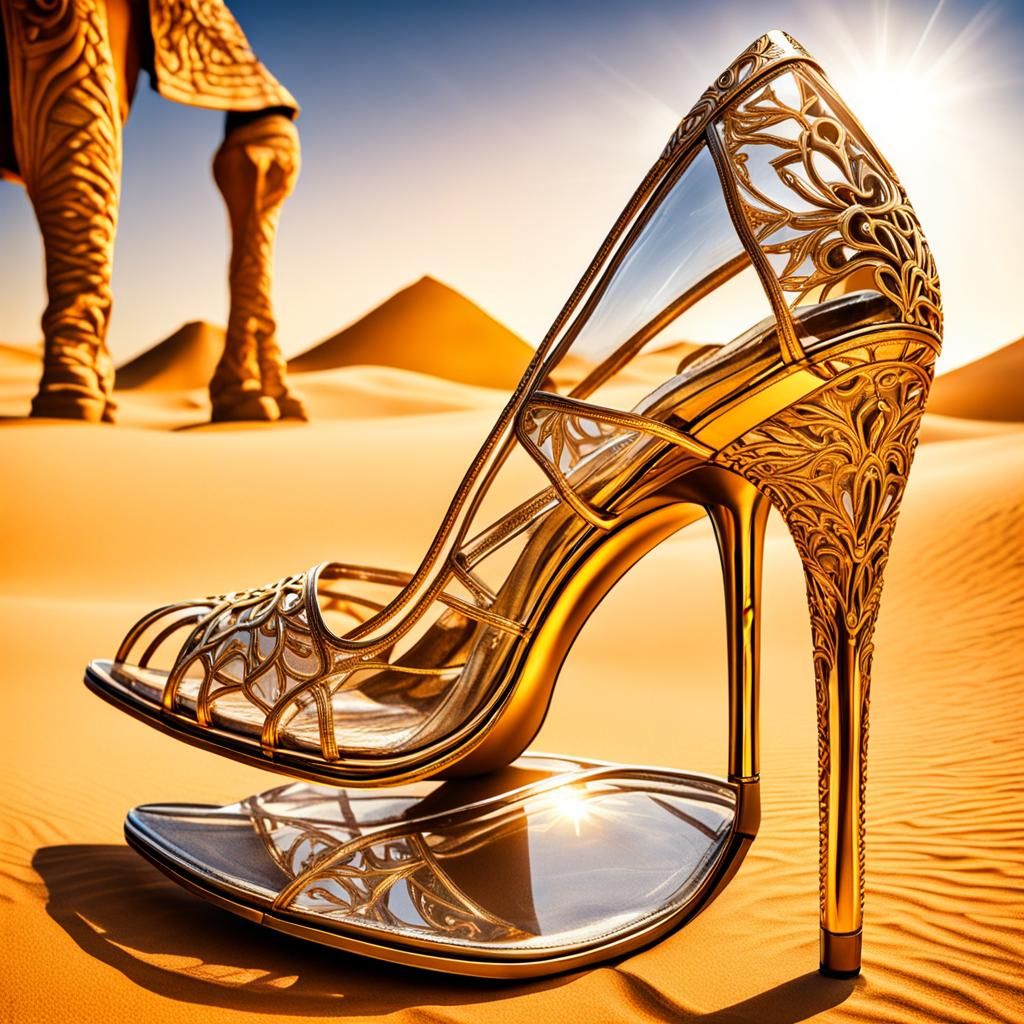 Gold High Heel Shoe in Sahara Desert