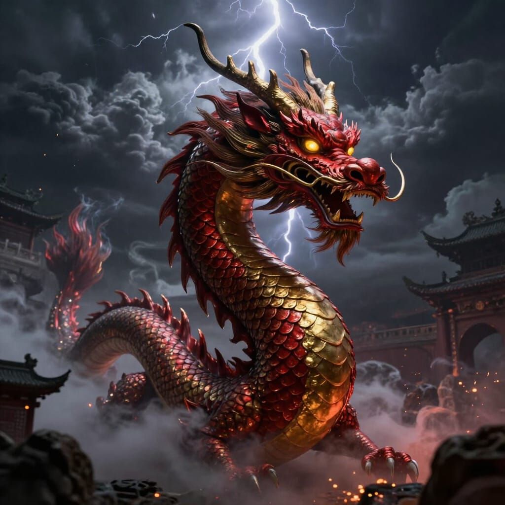 Majestic Chinese Dragon Soars Through Stormy Skies