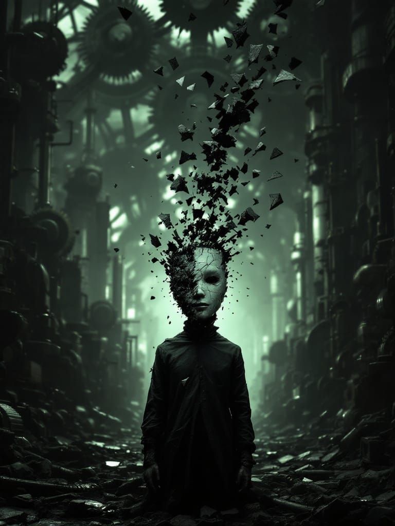 Shattered Mask: A Surreal Industrial Nightmare