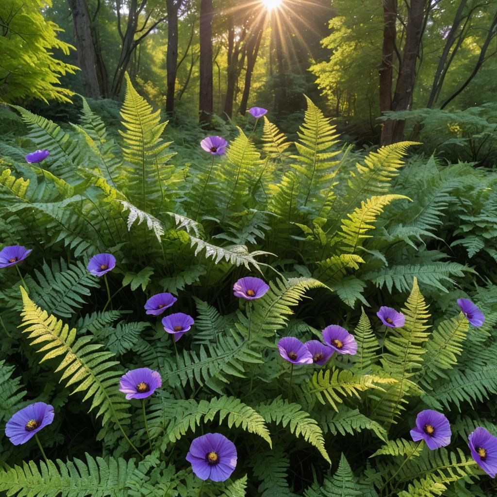 Golden Hour Ferns and Poppies Under Starry Skies
