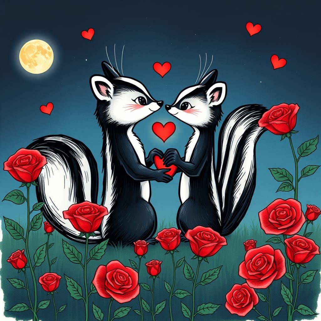 Rockabilly Skunk Couple Adores Moonlit Rose Garden