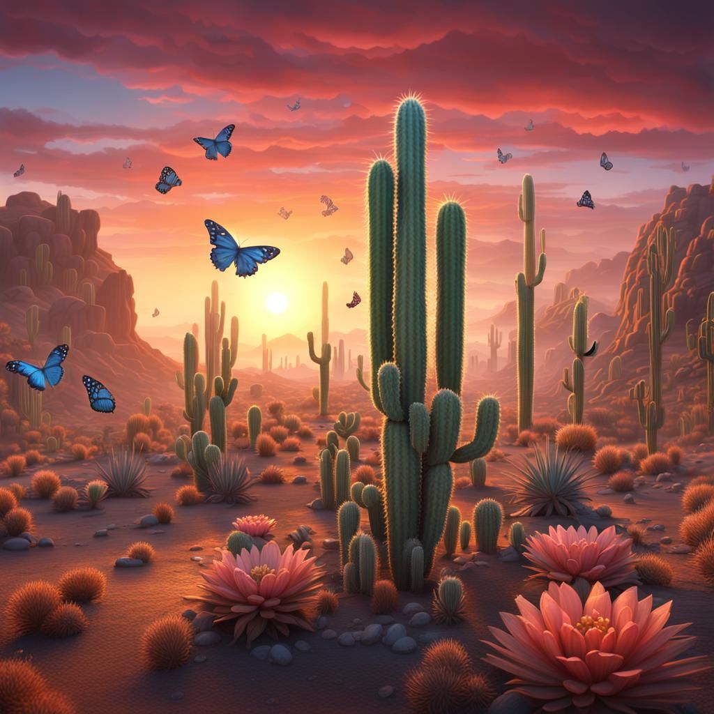 Cacti on Savannah at Sunrise: Fantasy Concept Art