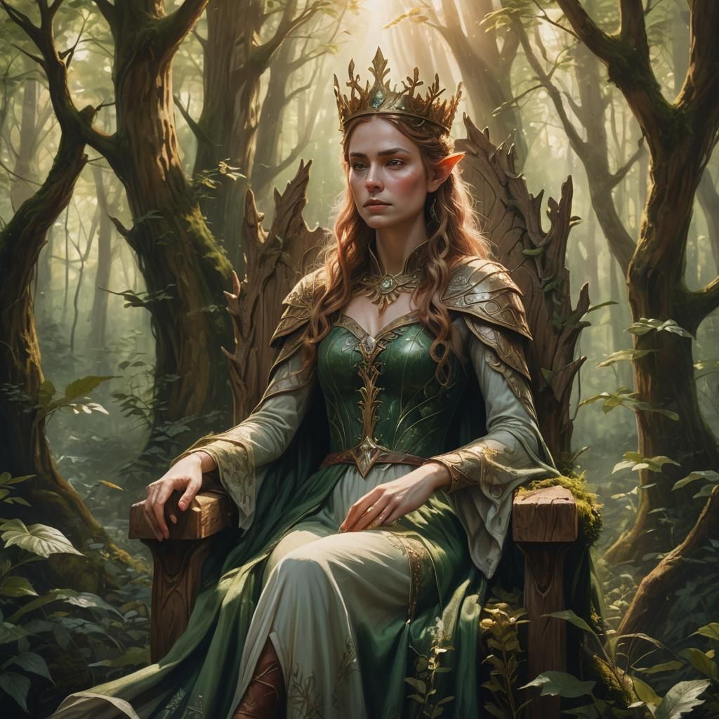 Elf Queen on Forest Throne: Fantasy Oil Painting