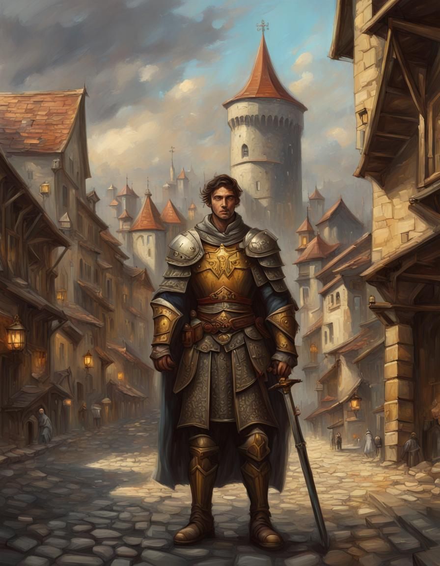 D&D Paladin in Medieval City as Oil Painting