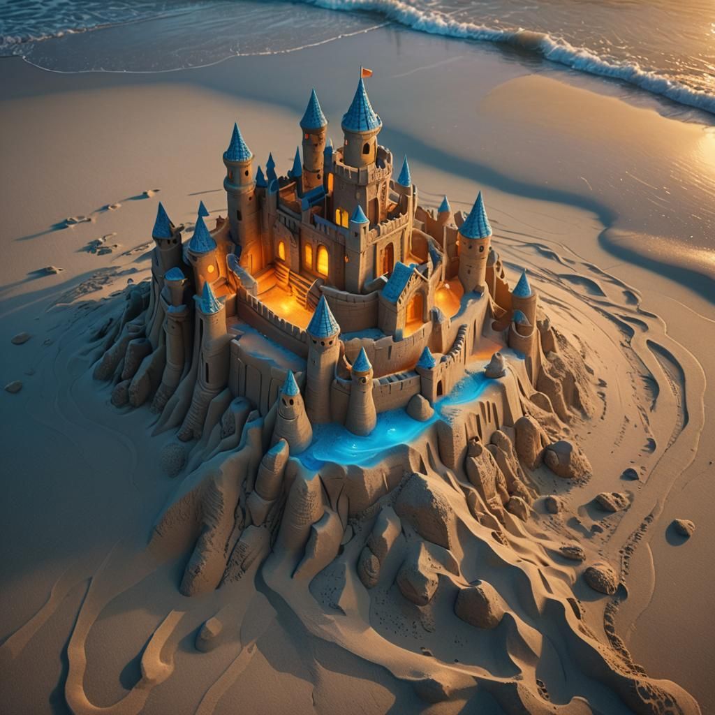 Glowing Sandcastle on Dusk Beach in Hyperrealism